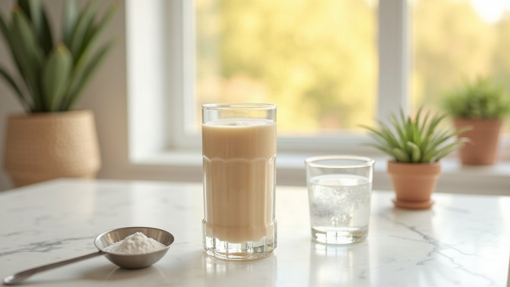 Protein shake and glass of water on marble countertop in Idaho home