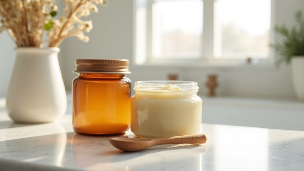 Amber glass jar of whipped tallow balm on white marble countertop in a bright Meridian Idaho bathroom